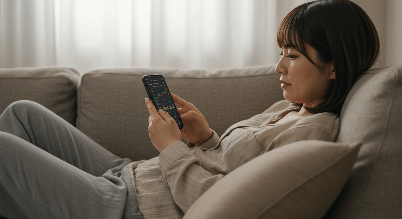 デモトレードをスマホで行う女性