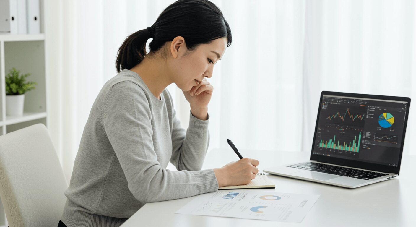 FXのメリットをノートにまとめる女性